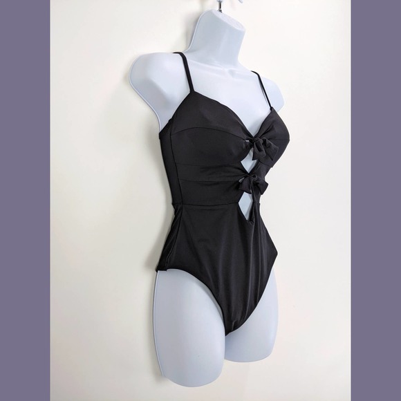 Becca Size M Womens Double Tie Front One-Piece Swimsuit In Black - Picture 4 of 7